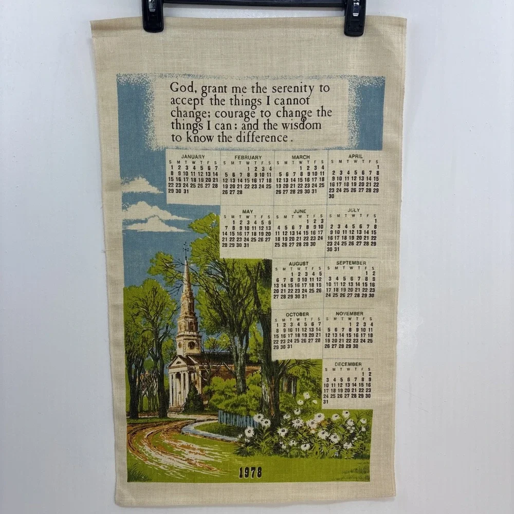 Vintage 1978 Kitchen Tea Towel Hanging Calendar God Grant Me Church Trees Flower